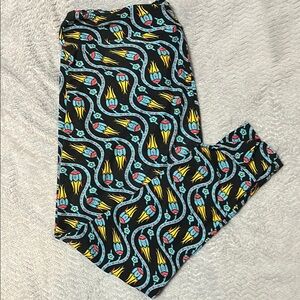 LuLaRoe Black and Blue Leggings with Abstract Design